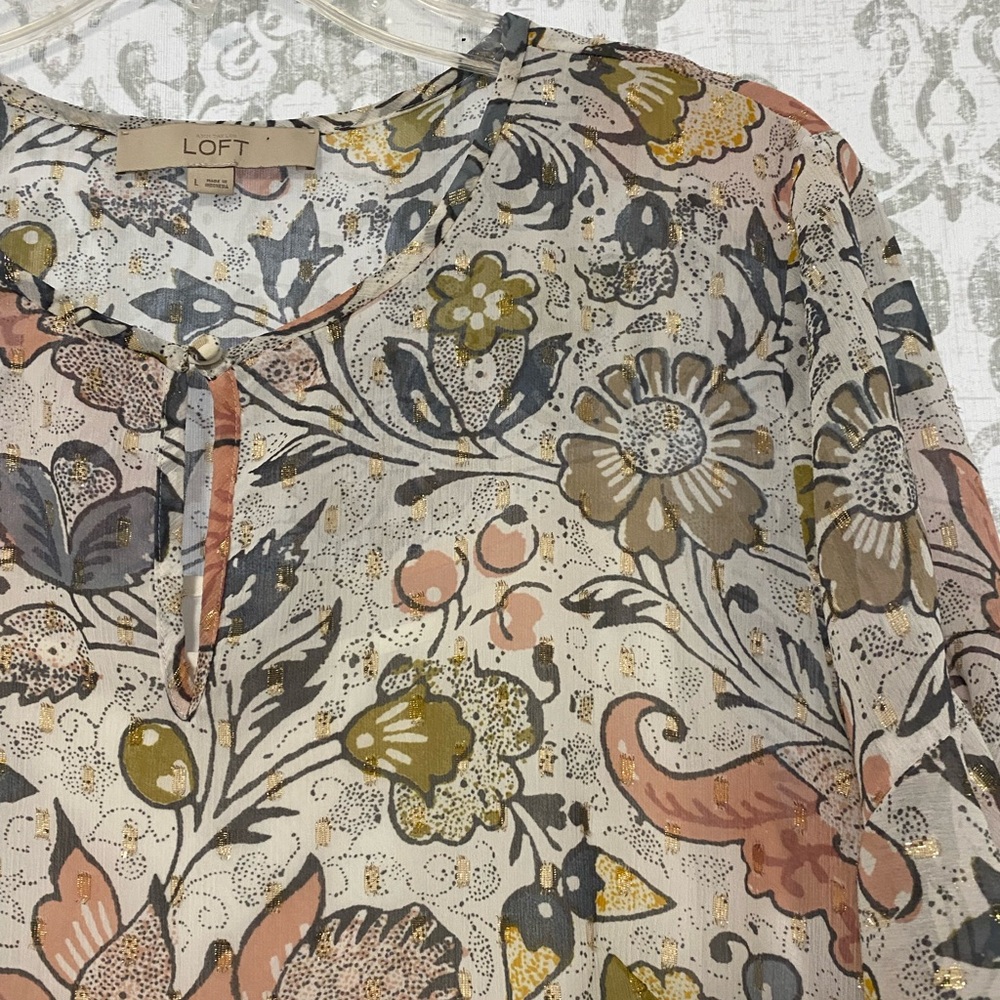 LOFT Flutter Flounce Shimmer Gold Swiss Dot Boho Feminine Floral Dress Pastel L - Picture 4 of 12